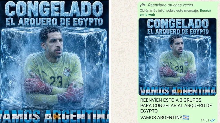 Imagen reenviada por WhatsApp que muestra al arquero de Egipto encerrado en hielo, con el pedido de reenviar el mensaje a tres grupos para 'congelarlo' antes del partido.