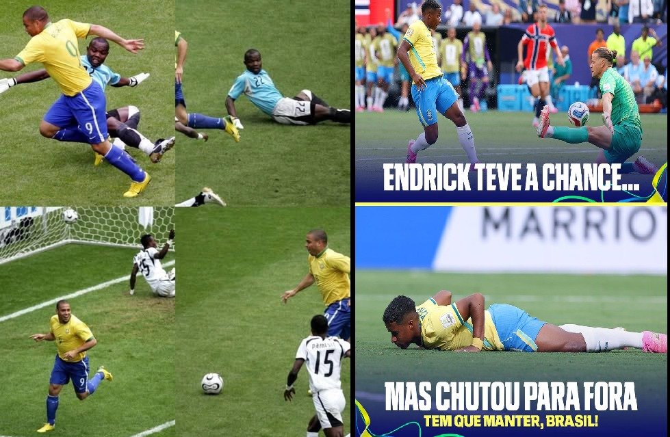 Comparación entre el gol de Ronaldo a Ghana en 2006 y el mano a mano fallado por Endrick ante Noruega en 2026, tal como circuló en redes sociales.