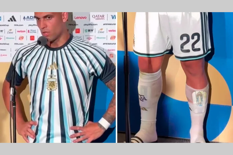 Lautaro Martínez en conferencia de prensa durante el Mundial de Qatar 2022, con una estampita de la Virgen colocada dentro de la canillera.
