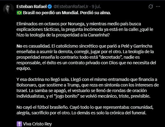 Captura de una publicación en X que sostiene que Brasil no perdió un Mundial sino su alma, y responsabiliza a la teología de la prosperidad evangélica por la eliminación de la selección.